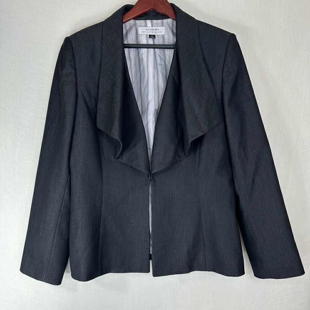 Tahari ASL Gray Ruffle Shawl Collar Blazer Womens 12 Modern Preppy Career
